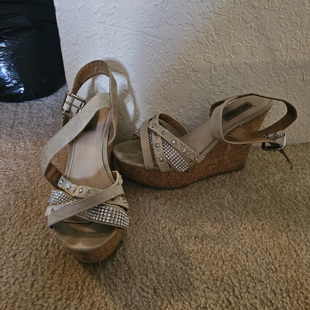 Not Rated Tan Wedge Heels with Rhinestones
